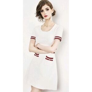 Sandro Paris Dress Women L White Nautical Sailor Pin Up 70s 60s Stretchy A Line